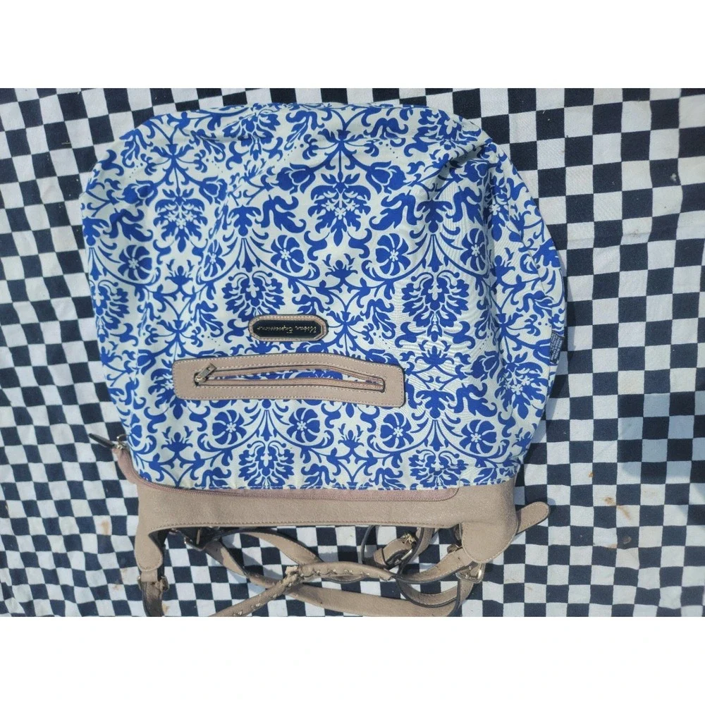 Urban Expressions Beige Woven Hobo Shoulder Bag‎ Blue Damask Back AS IS